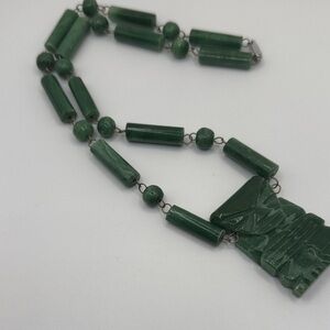 Vintage Mexican Green Jade hand carved Aztec Warrior pendant necklace Mayan 20"